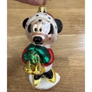 Disney Minnie Mouse holding Bell Hand Blown Glass Christmas Ornament 4.5”